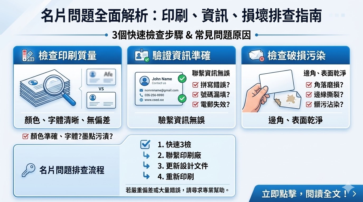 名片是商務溝通中不可或缺的工具，承載著企業形象和重要聯繫資訊。無論是印刷質量、資訊正確性，還是外觀的完整性，都直接影響到名片的效果和專業性。若名片出現印刷問題、資料錯誤或損壞，應及時進行排查並修正，以確保其達到最佳效果。了解如何快速解決名片問題，有助於提升品牌形象和維護客戶關係。